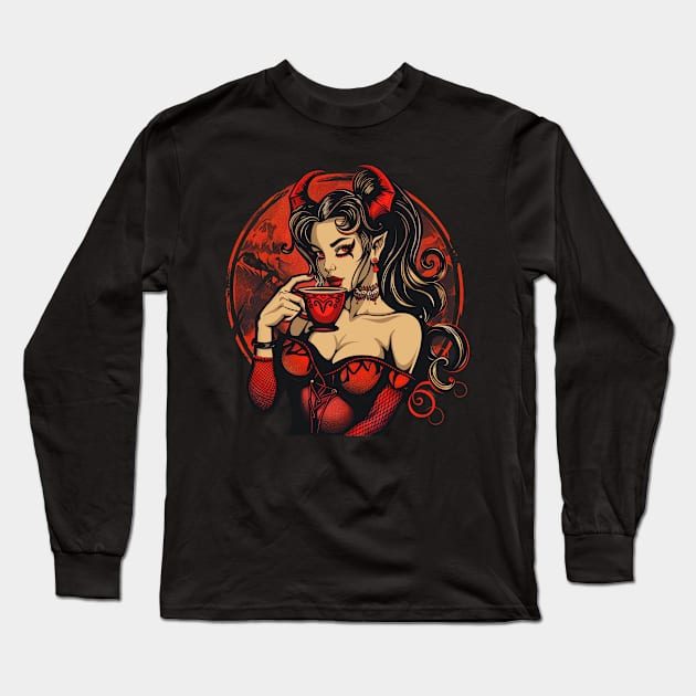 Caffeine Addict Evil Demon Girl Long Sleeve T-Shirt by Vlaa